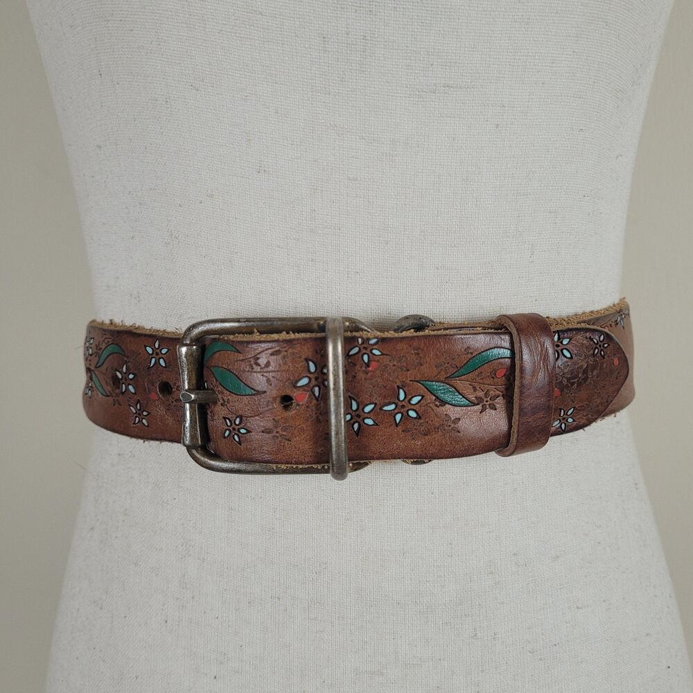Streets Ahead Belt L Brown Leather Floral Western Tooled Boho Hippie Folk Rustic